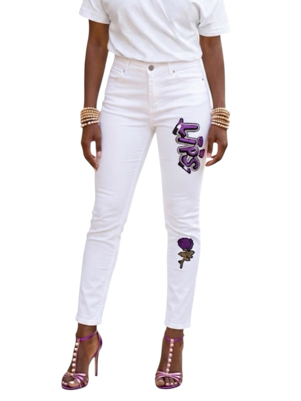 Y2K Mac Dream Jeans White Straight Leg Sequin Lips Size: 12